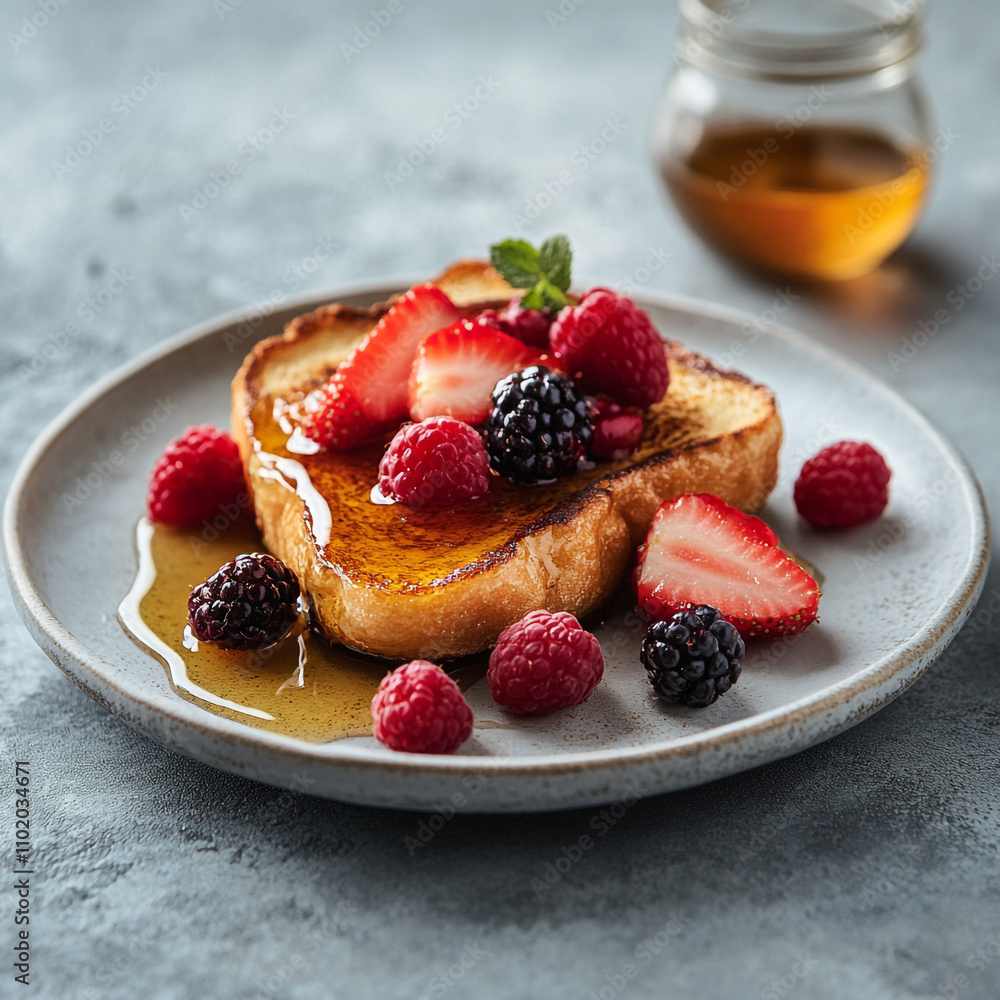 French toast with berries and honey on a plate French toast with berries and honey on a plate