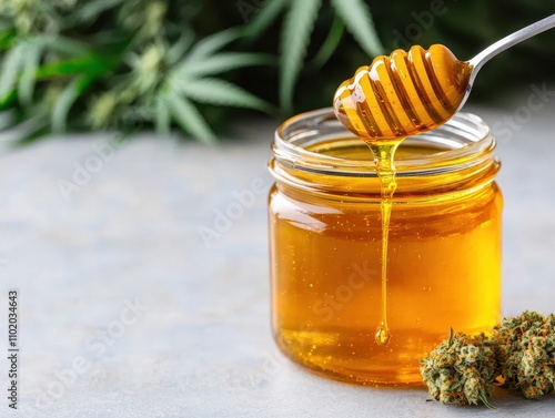 Close-up of golden honey dripping from a dipper into a jar, with cannabis buds and blurred green leaves in the background.