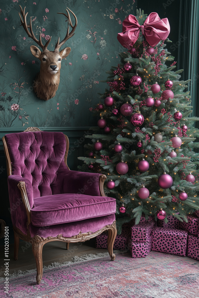 Foto de Christmas tree, pink leopardprint baubles, big pink bow on top
