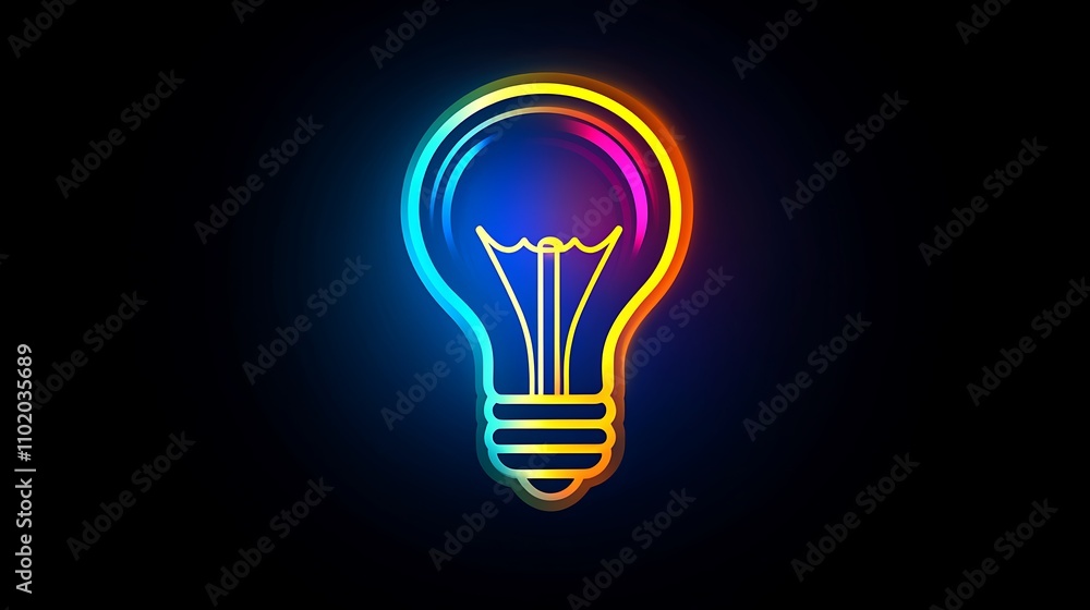 Colorful Neon Lightbulb Glowing Dark Background Colorful Neon Lightbulb Glowing Dark Background