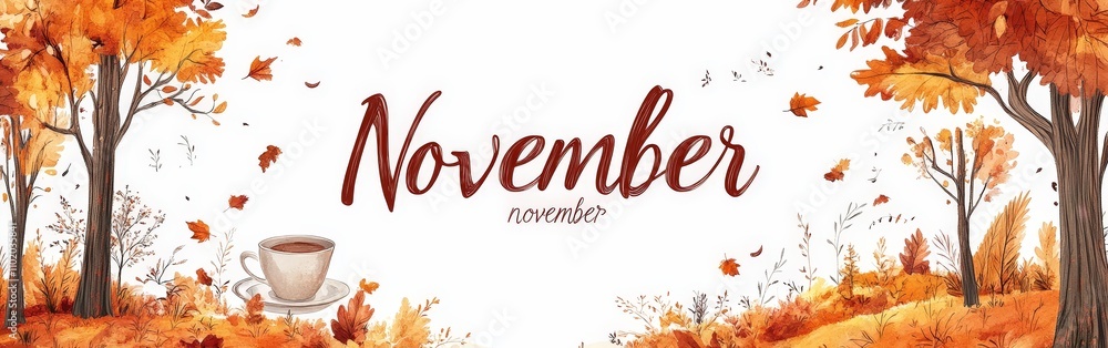 November Banner with Autumn Leaves and Warm Elements November Banner with Autumn Leaves and Warm Elements