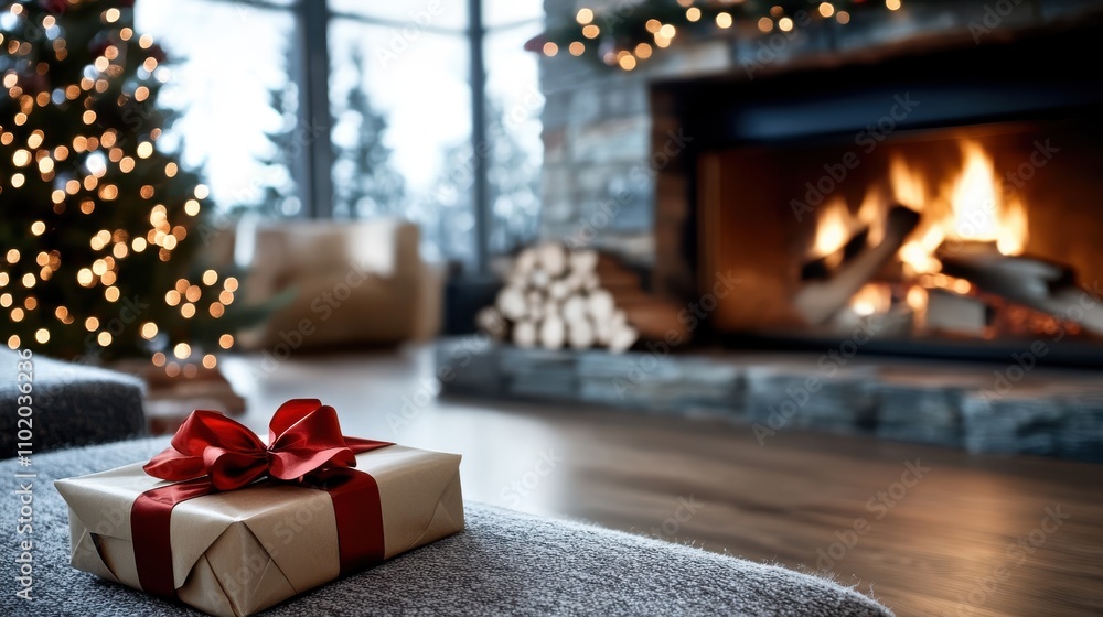 A wrapped gift with a red ribbon sits on a cozy couch beside a glowing fireplace in a festive living room adorned with Christmas decorations and lights. A wrapped gift with a red ribbon sits on a cozy couch beside a glowing fireplace in a festive living room adorned with Christmas decorations and lights.
