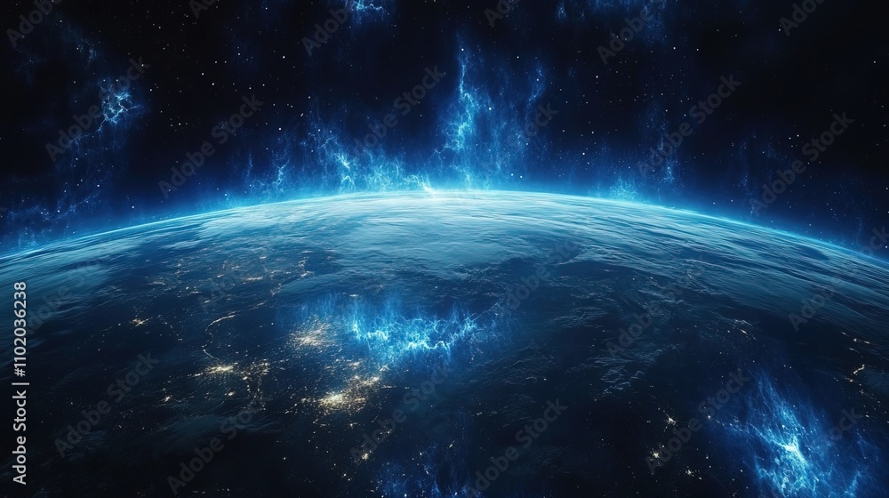 Fototapeta premium Earth from Space with a Blue Glowing Nebula