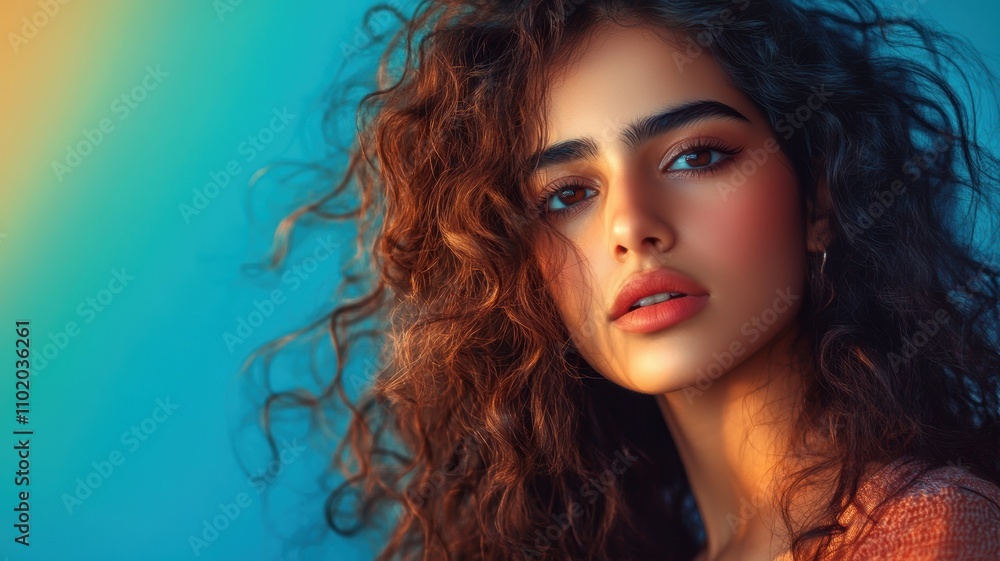 Naklejka premium Close-up portrait of a stunning woman with bold curly hair, glowing skin, and vibrant lighting against a dramatic orange background.