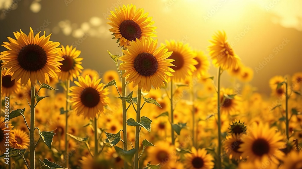 Fototapeta premium Tall sunflowers stand upright in a sea of golden petals as warm sunlight filters through the air on a serene summer day, nature, summer, outdoor