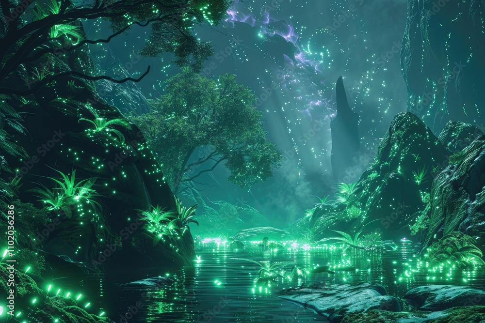 A Surreal Forest Lake at Night with Glowing Lights and Misty Atmosphere A Surreal Forest Lake at Night with Glowing Lights and Misty Atmosphere