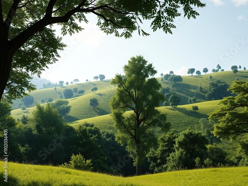 Tall treesLush vegetation covers the rolling hills of a picturesque green land, tree landscape, countryside photo