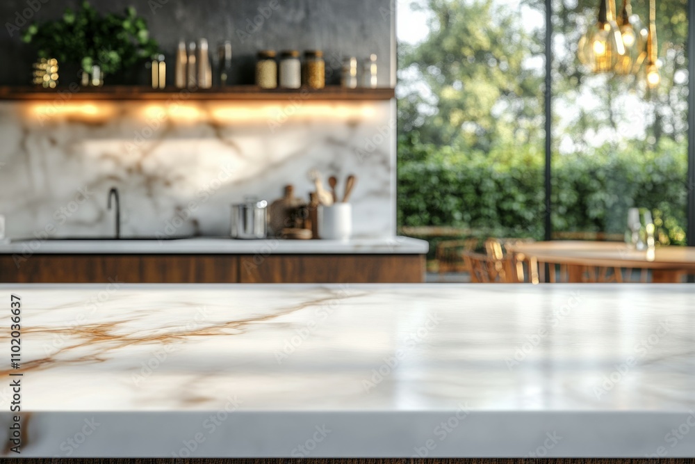 Empty white kitchen marble with modern kitchen background for product display, food photography Empty white kitchen marble with modern kitchen background for product display, food photography