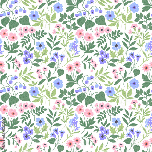 Seamless vintage floral pattern. White background, pink, lilac and blue flowers, green leaves. Vector print with a liberty motif. Ditsy style. Stock vector. Trendy design for surface.  
