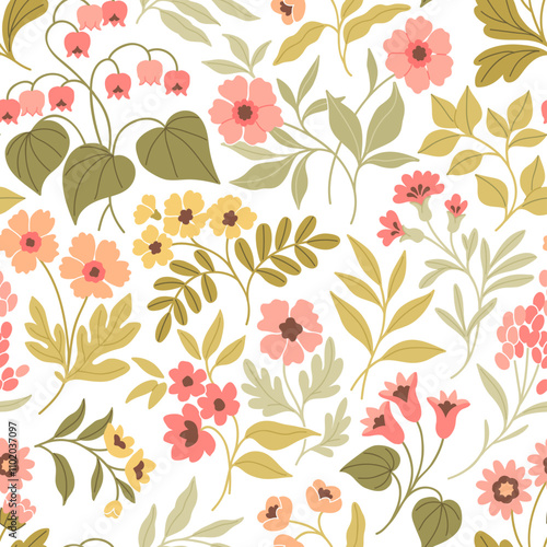 Trendy seamless vector floral pattern. Endless print made of small rose pink and peach flowers, leaves and berries. Summer and spring motifs. White background. Vector illustration.
