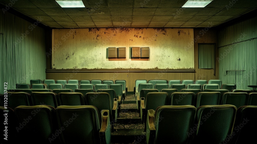 Fototapeta premium Empty seats at a movie theatre with closed lights