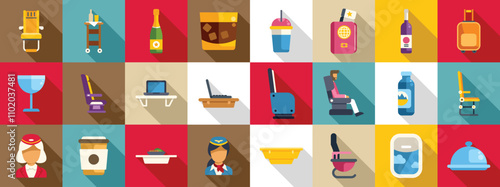 Airplane first class icons set. Colorful flat design icons represent various aspects of air travel, including seating, dining, and entertainment, highlighting passenger experience