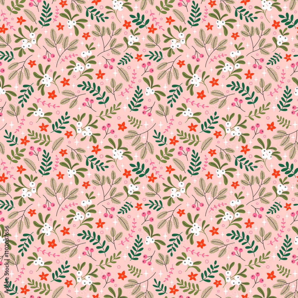 Christmas seamless pattern with Pine tree. Holiday background for greeting cards, wrapping papers. Winter floral background. Colorful pattern with floral Happy New Year elements on a pink background. Christmas seamless pattern with Pine tree. Holiday background for greeting cards, wrapping papers. Winter floral background. Colorful pattern with floral Happy New Year elements on a pink background.