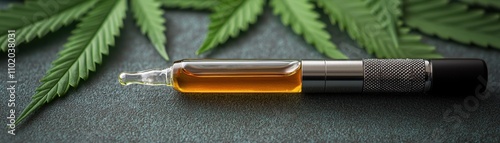 A close-up of a cannabis oil cartridge placed on a textured surface, surrounded by hemp leaves, symbolizing natural wellness.