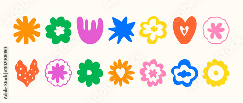 Set of various abstract shapes, doodles and plants. Modern simple geometric figures and floristic decorative elements. Vector colorful collection