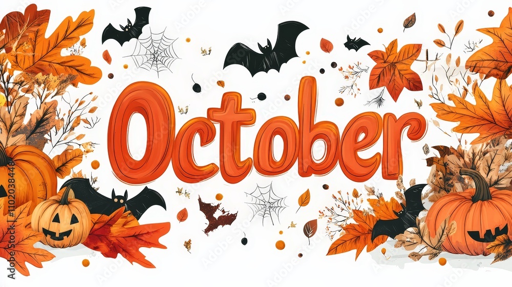October Halloween Banner with Pumpkins and Bats October Halloween Banner with Pumpkins and Bats
