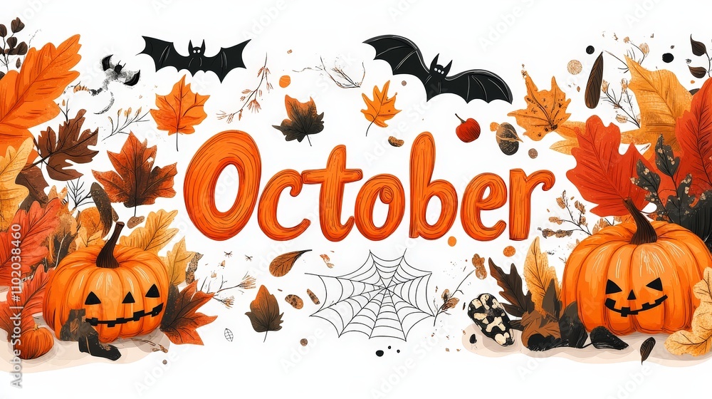 October Halloween Banner with Pumpkins and Bats October Halloween Banner with Pumpkins and Bats