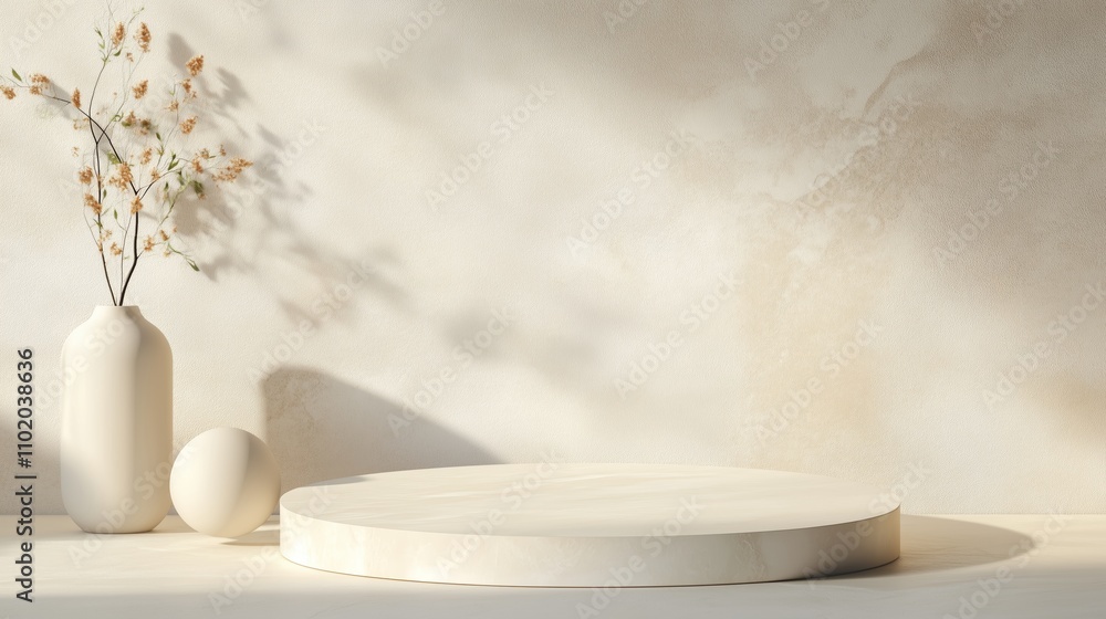 Elegant display of minimalist decor featuring a vase with dried flowers and a round pedestal in soft neutral tones Elegant display of minimalist decor featuring a vase with dried flowers and a round pedestal in soft neutral tones