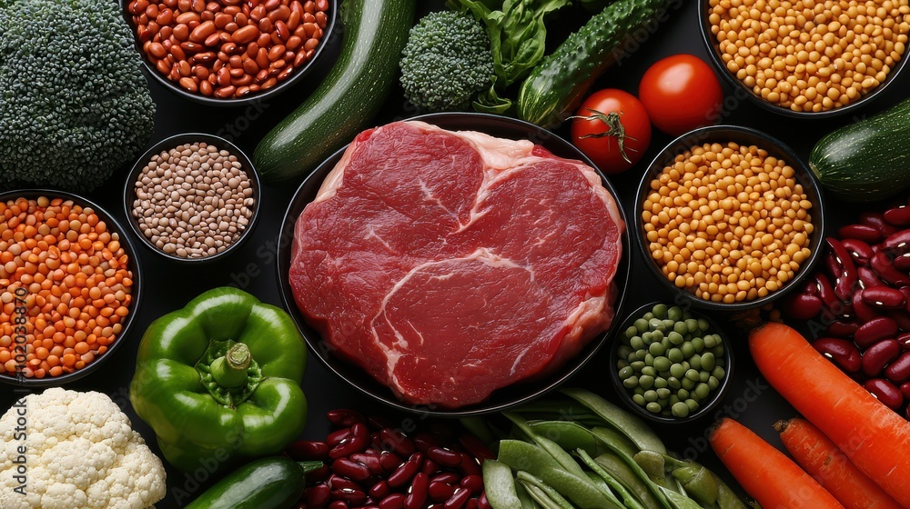 Fresh meat surrounded by variety of colorful vegetables and legumes, creating vibrant and healthy display. This arrangement showcases beauty of nutritious food Fresh meat surrounded by variety of colorful vegetables and legumes, creating vibrant and healthy display. This arrangement showcases beauty of nutritious food