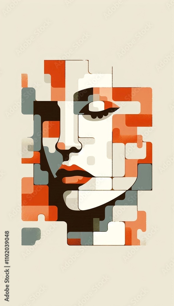 A woman's face is made of blocks of different colors, including orange and white. The image has a surreal and abstract feel to it, as if the woman's face is made of a puzzle A woman's face is made of blocks of different colors, including orange and white. The image has a surreal and abstract feel to it, as if the woman's face is made of a puzzle