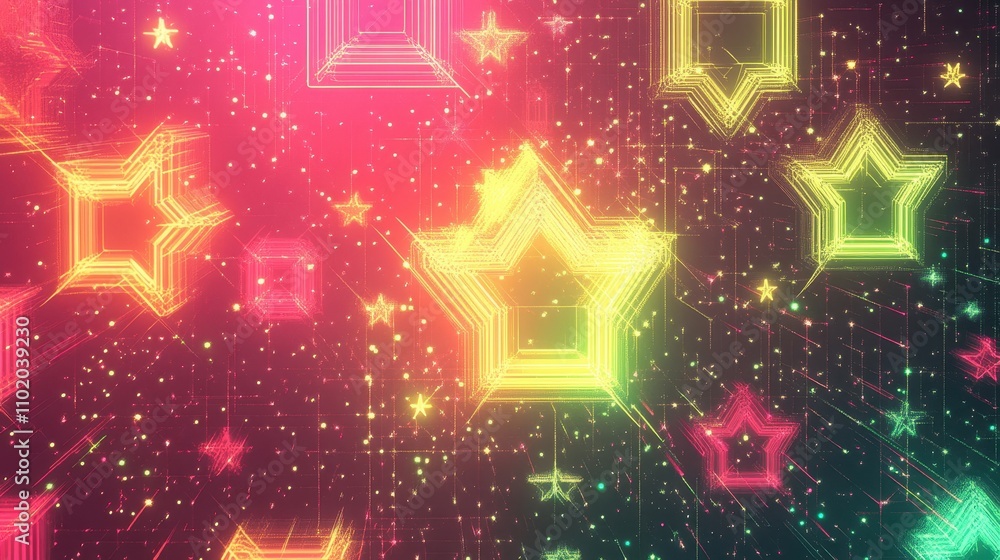 Obraz premium Retro pixel art with neon shapes and glowing textures creates a smooth backdrop