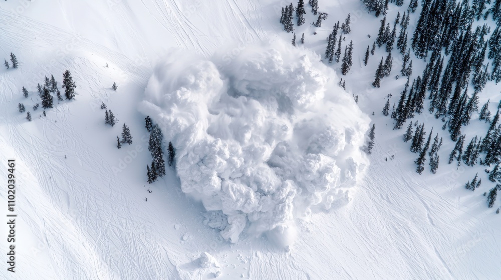 Avalanche crashing into forested area winter wonderland aerial view nature Avalanche crashing into forested area winter wonderland aerial view nature