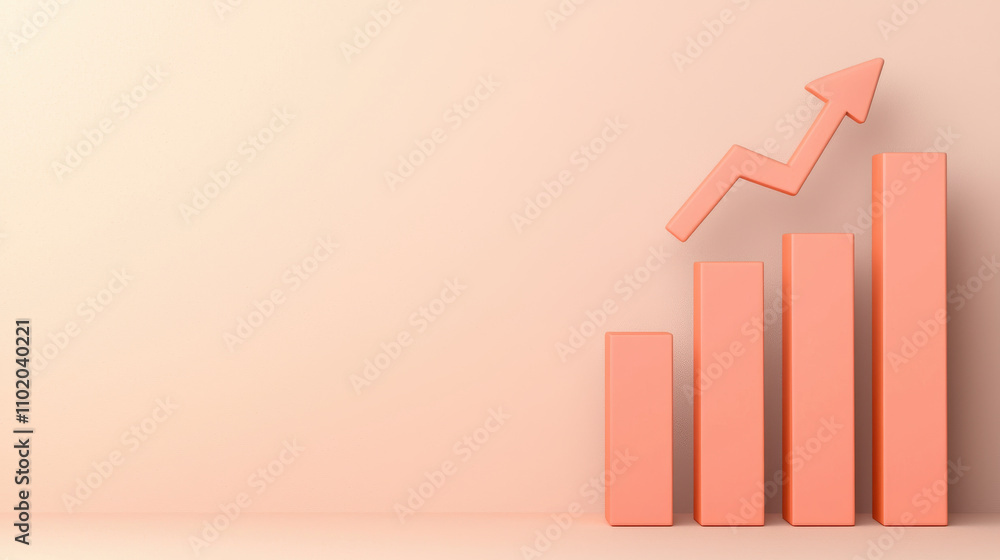 Rising bar graph with upward arrow on soft background symbolizes growth and success. This abstract design conveys positive trends and financial progress Rising bar graph with upward arrow on soft background symbolizes growth and success. This abstract design conveys positive trends and financial progress