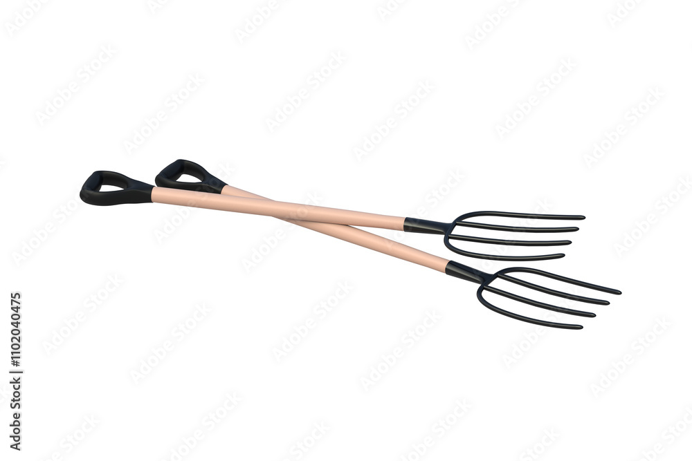 Two pitchforks isolated on white background. Agricultural 4 tines hayfork. Gardening equipment. 3d render Two pitchforks isolated on white background. Agricultural 4 tines hayfork. Gardening equipment. 3d render