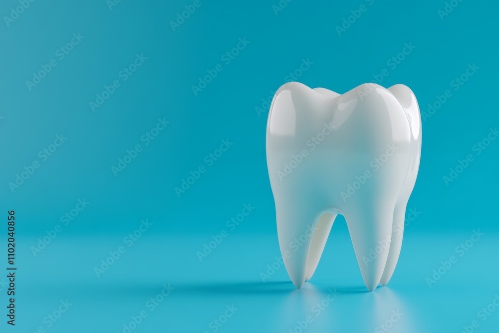 Tooth Model Against a Blue Background with Copy Space for Text. Comprehensive, isolated 3D white tooth model set on a light blue color backdrop. Shiny molar with glossy enamel and root. Dental health Tooth Model Against a Blue Background with Copy Space for Text. Comprehensive, isolated 3D white tooth model set on a light blue color backdrop. Shiny molar with glossy enamel and root. Dental health