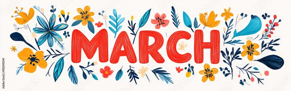 Fototapeta premium March Banner with Fresh Spring Foliage and Leaf Patterns