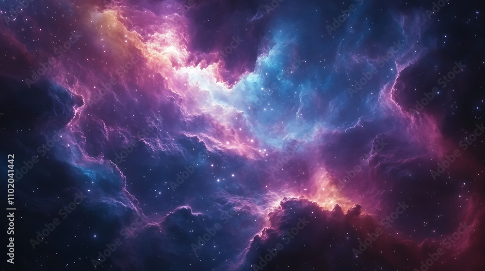 Obraz premium A mesmerizing view of abstract cosmic clouds illuminated by glowing nebulas in deep purples, blues, and fiery oranges against the backdrop of a dark galaxy. 