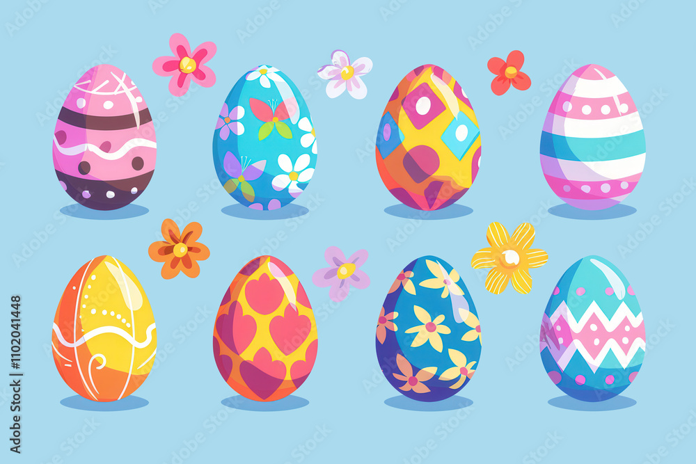 Set of cartoon Easter chocolate eggs, traditional painted eggs, spring holiday egg hunt game items, colorful decorations. flat illustration surprise eggs, isolated transparent background Set of cartoon Easter chocolate eggs, traditional painted eggs, spring holiday egg hunt game items, colorful decorations. flat illustration surprise eggs, isolated transparent background