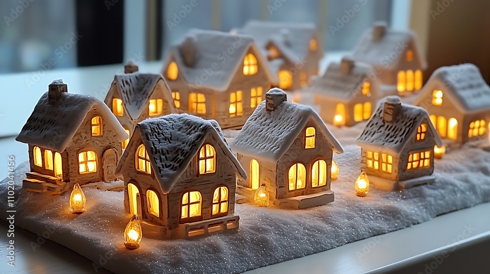 42. A snowy Christmas village diorama with tiny lights glowing in each house 42. A snowy Christmas village diorama with tiny lights glowing in each house
