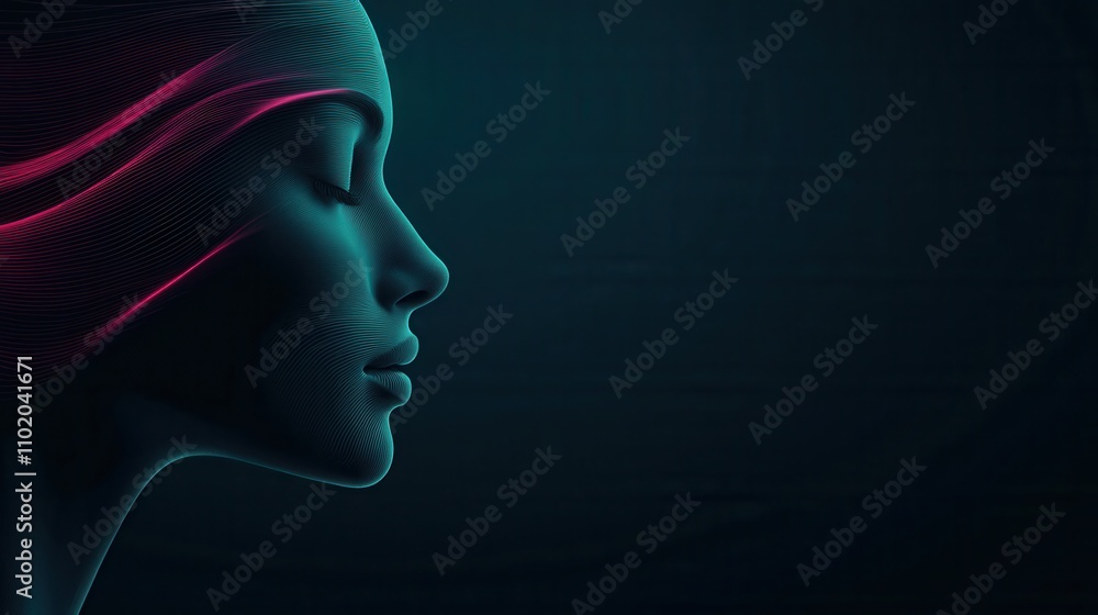 A serene profile of a female figure with luminous, flowing lines against a dark background, evoking a futuristic and ethereal feel. A serene profile of a female figure with luminous, flowing lines against a dark background, evoking a futuristic and ethereal feel.