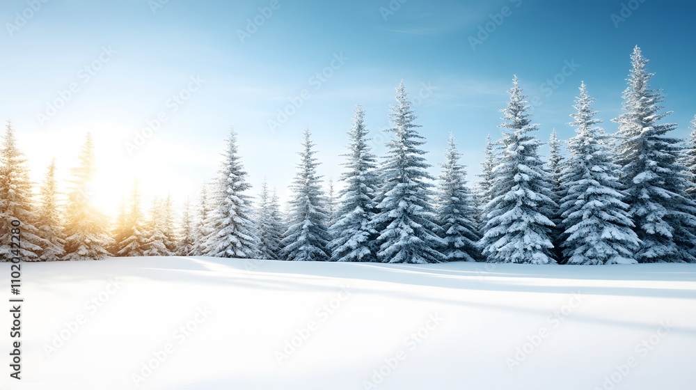 Frosty landscape with watercolor snow-covered trees, a glowing horizon reflecting on the snow Frosty landscape with watercolor snow-covered trees, a glowing horizon reflecting on the snow