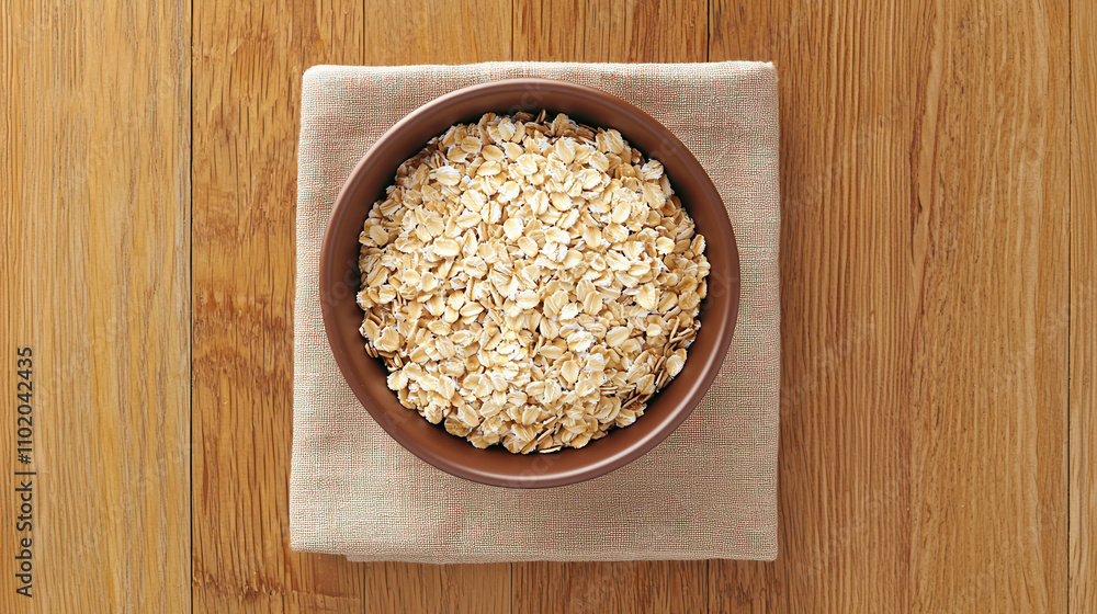 Oats in bowl on wooden table, showcasing texture and natural color of oatmeal. Perfect for healthy meals and breakfast options Oats in bowl on wooden table, showcasing texture and natural color of oatmeal. Perfect for healthy meals and breakfast options