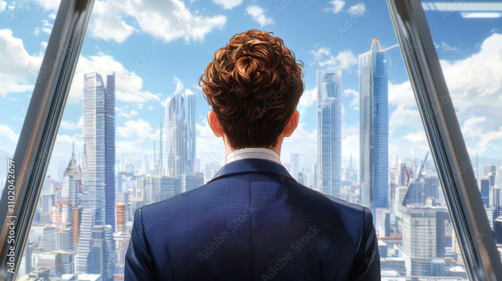 young businessman gazes out at vibrant city skyline, showcasing modern skyscrapers and bright blue sky. scene conveys ambition and opportunity young businessman gazes out at vibrant city skyline, showcasing modern skyscrapers and bright blue sky. scene conveys ambition and opportunity