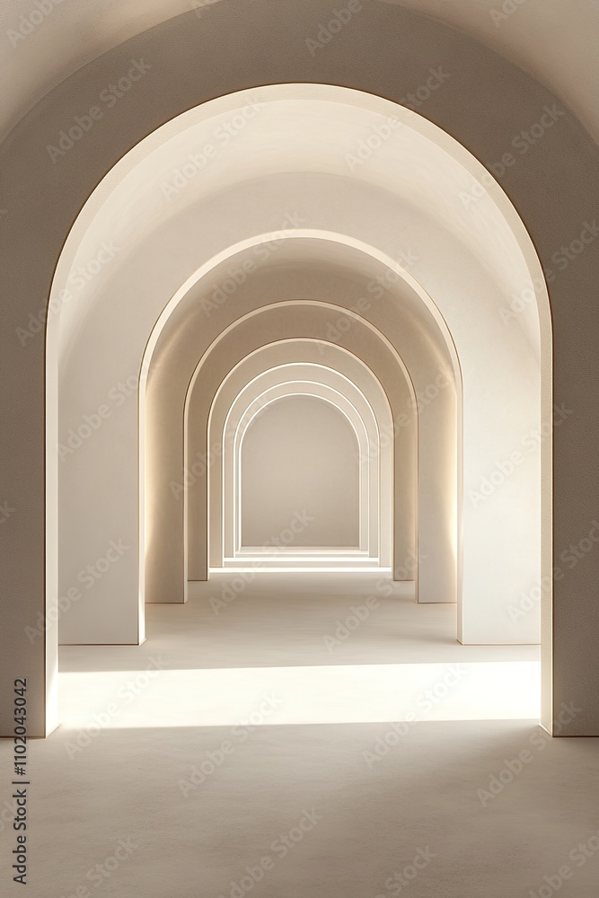 3D render of a modern arch hallway with perfect symmetry, soft natural lighting. 3D render of a modern arch hallway with perfect symmetry, soft natural lighting.