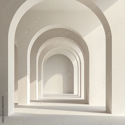 White repeating arches creating depth perception with shadows