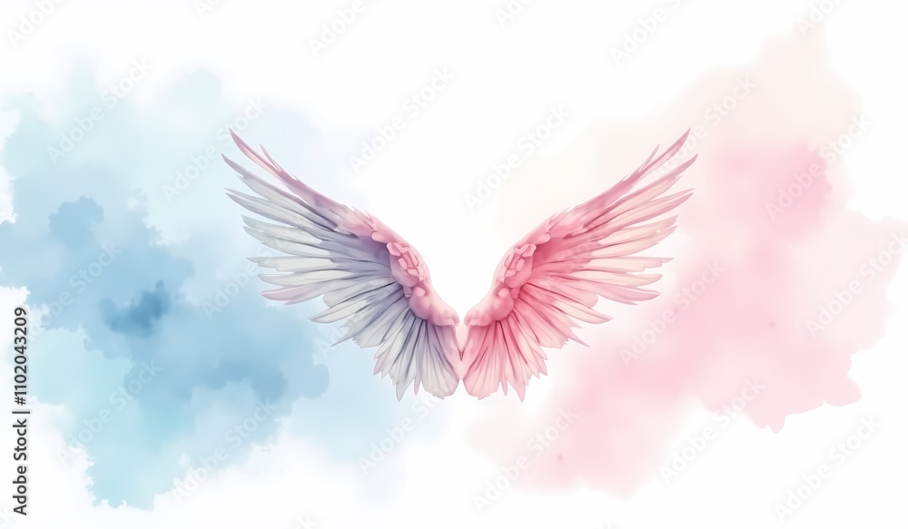 Obraz premium Watercolor with pink wings on soft blue sky
