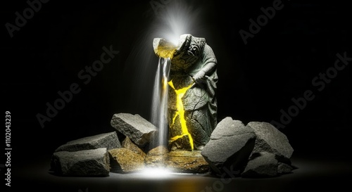 Enigmatic elephant fountain amidst rocks with glowing light photo