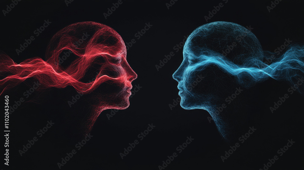 Two human faces made of red and blue waves facing each other, symbolizing connection and contrast. vibrant colors create dynamic visual representation of emotions and interaction Two human faces made of red and blue waves facing each other, symbolizing connection and contrast. vibrant colors create dynamic visual representation of emotions and interaction