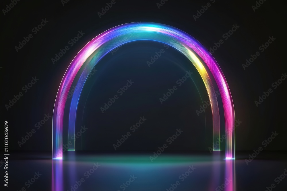 Neon rainbow arch glowing in darkness with reflections Neon rainbow arch glowing in darkness with reflections