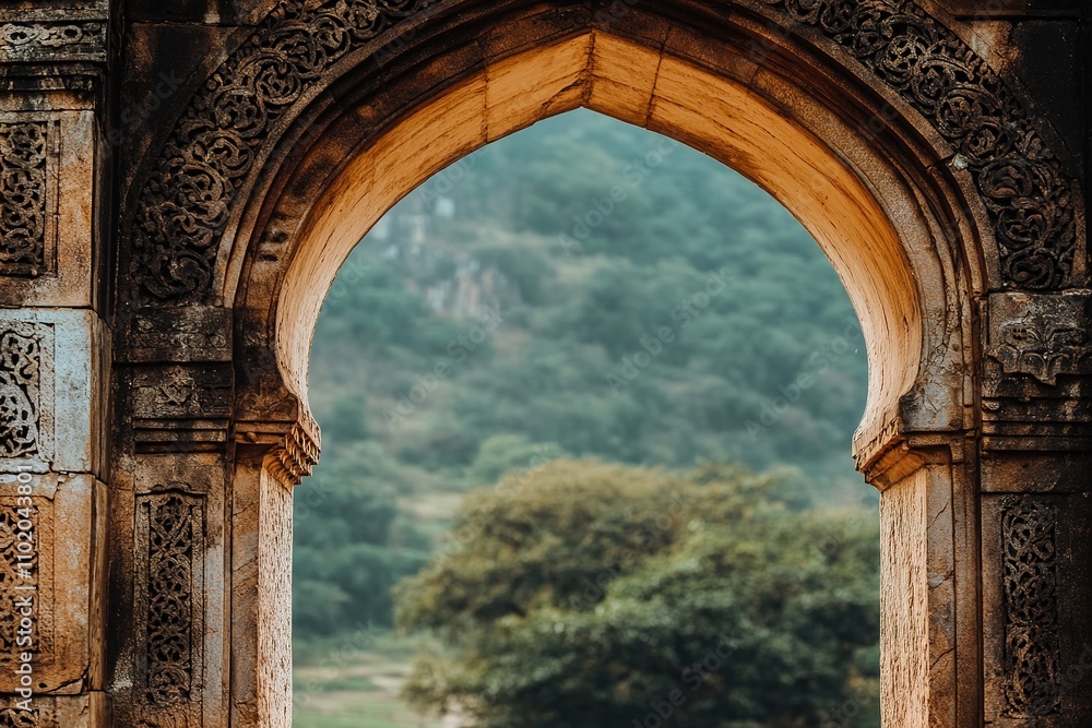 Fototapeta premium Ornate arch with intricate carvings overlooking nature