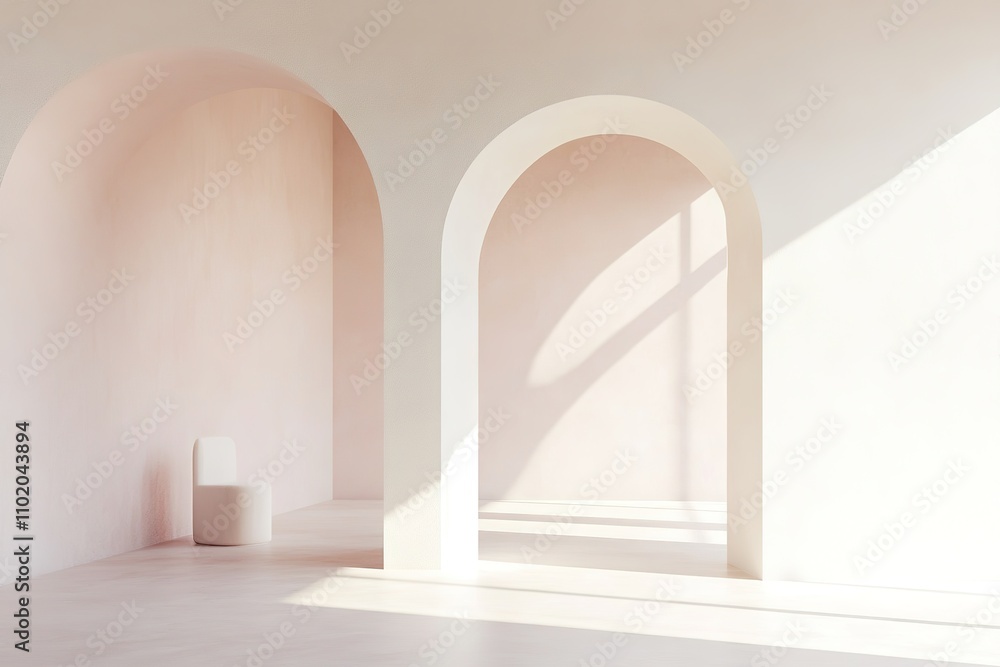 Minimalist interior with arched openings and soft light