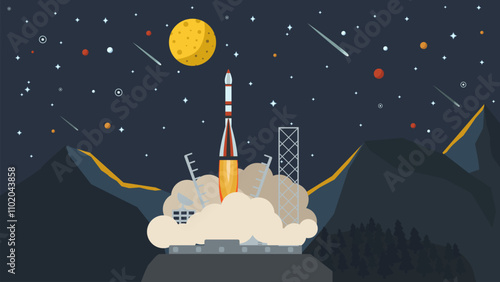 Wallpaper Mural white rocket takes off from the spaceport at night Torontodigital.ca