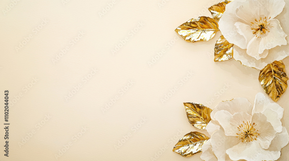 Elegant gold leaves and soft white flowers create gentle, serene atmosphere. This watercolor design is perfect for invitations, backgrounds, or decor Elegant gold leaves and soft white flowers create gentle, serene atmosphere. This watercolor design is perfect for invitations, backgrounds, or decor
