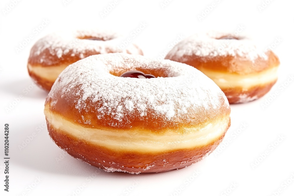 Three jelly doughnuts with powdered sugar on top Three jelly doughnuts with powdered sugar on top