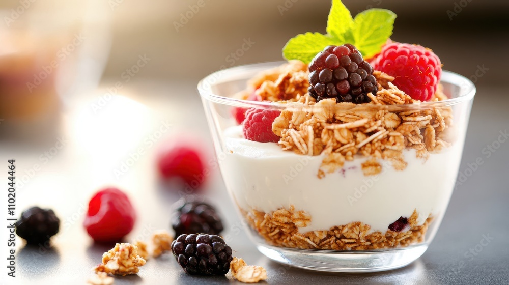 Close-up image capturing a dish of creamy yogurt adorned with granola, blackberries, and raspberries, finished with a mint leaf, sitting elegantly on dark surface. Close-up image capturing a dish of creamy yogurt adorned with granola, blackberries, and raspberries, finished with a mint leaf, sitting elegantly on dark surface.