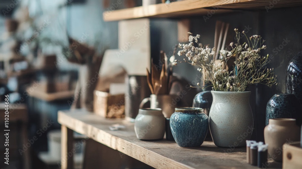 Shelf with rustic pottery and dried flowers in a workshop Shelf with rustic pottery and dried flowers in a workshop